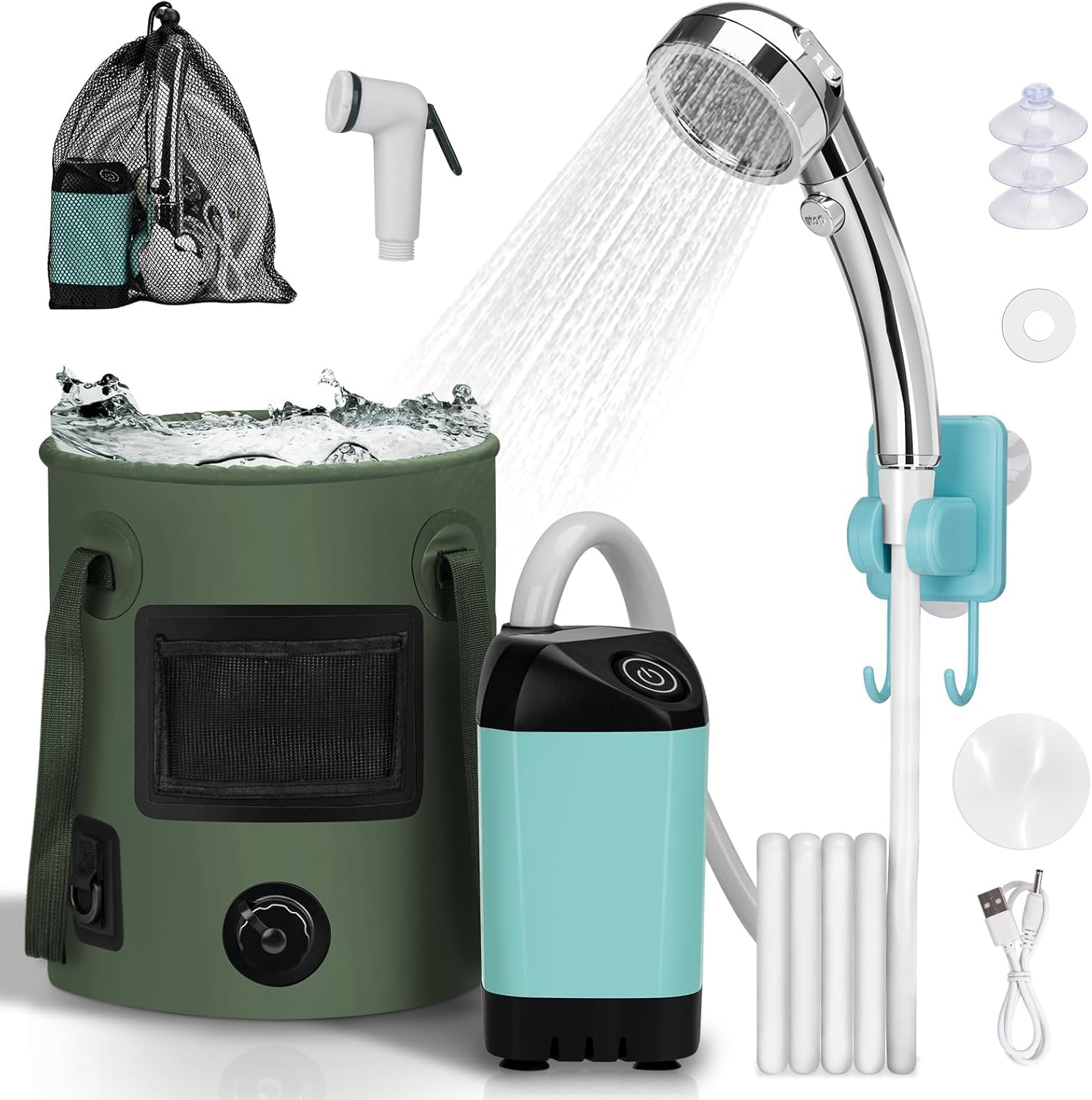 Portable Hot Shower for Camping Shower Tent Kit, 1000W Immersion Heater, Rechargeable Camping Shower Pump, Pop Up Shower Tent with 6.6 Gallons Folding Bucket for Adults Outdoor