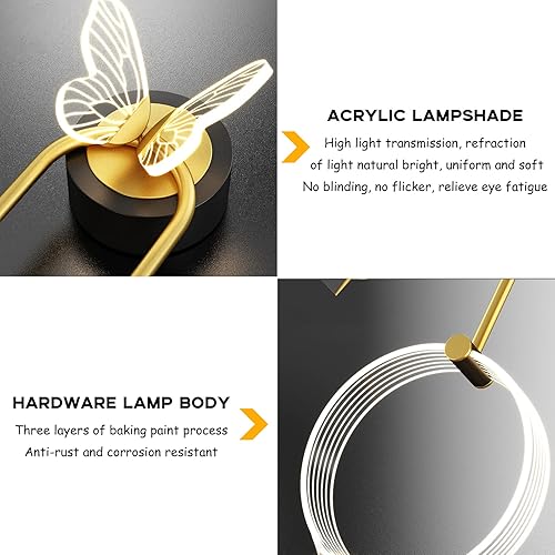 Miniatura 5 de PURESILKS Lámpara de pared moderna con mariposa, lámpara de pared LED dorada para interiores, lámparas de pared inalámbricas para dormitorio, sala