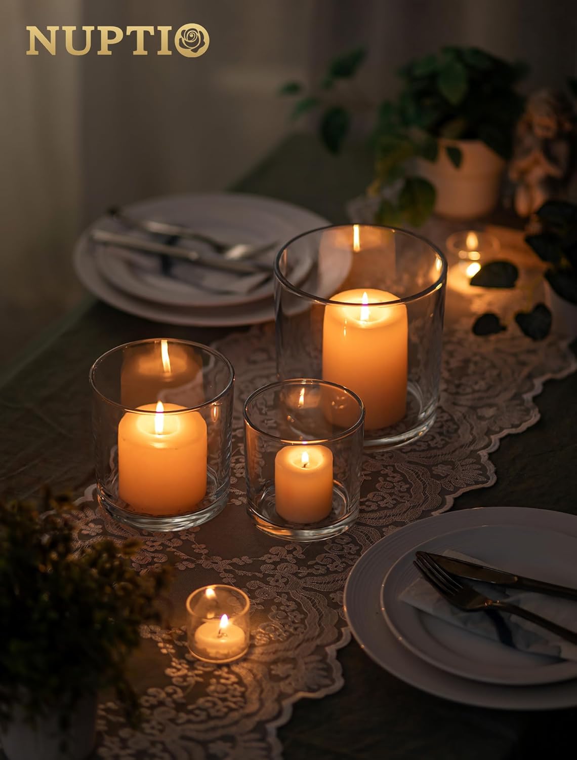 NUPTIO Hurricane Glass Candle Holders: Set of 3 Thick Glass Pillar Candle Holder - Clear Vases for Wedding Table Centerpieces Decor - Image 3