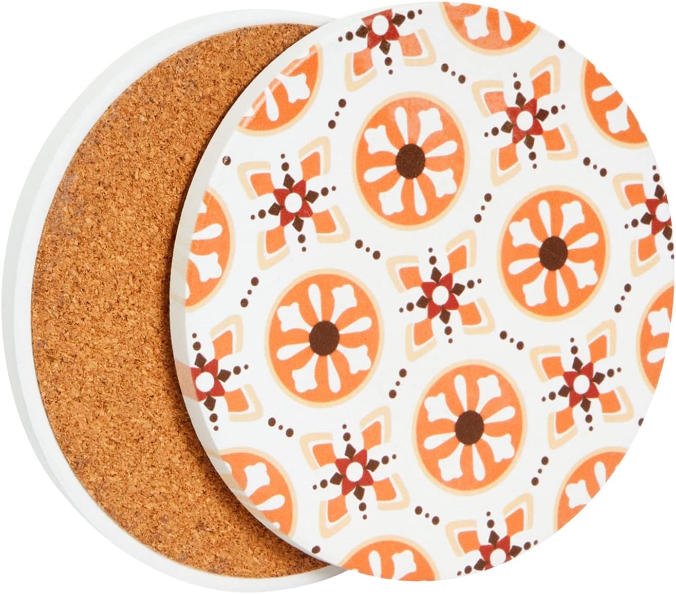 Mediterranean Ceramic Coasters with Cork Base and Iron Holder, Set of 8