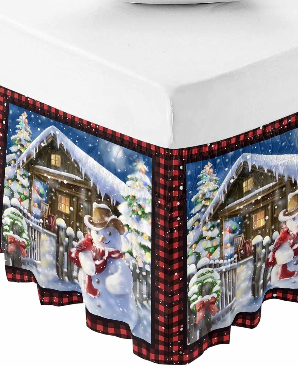Christmas Snowman Bed Skirt Queen Size 18 Inch Drop, Red Black Plaid Xmas Tree House Snowflake Adjustable Elastic Wrap Around Bed Skirts Pleated Bed Ruffles Bedskirt for Bedroom Hotel