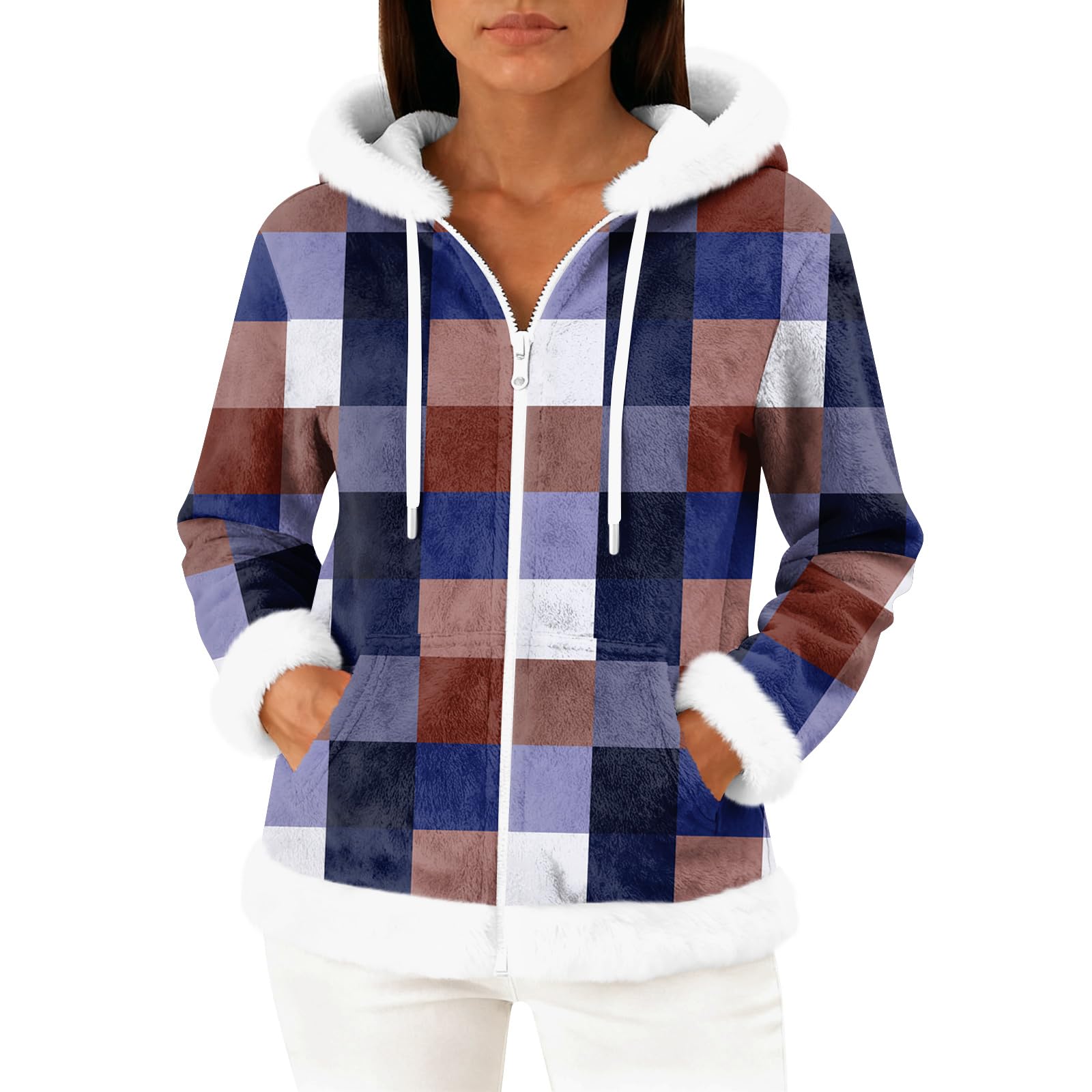 Generisch Winterjacke Damen Warm Teddyjacke Mit Kapuze Wintermantel Kariert