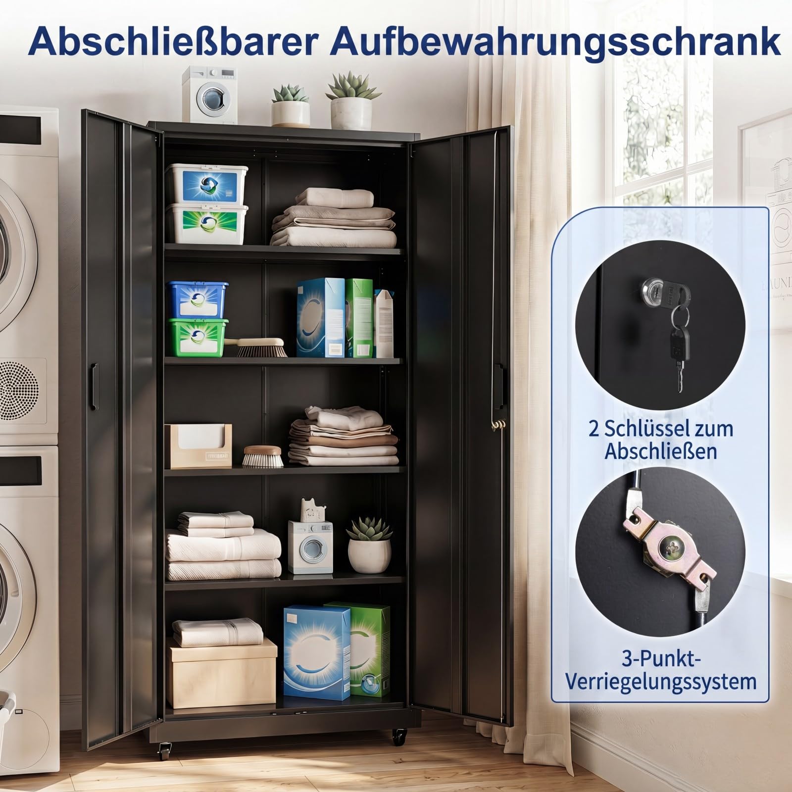 COSTWAY 5 Ebenen Aktenschrank abschließbar mit Doppeltür & Rollen (Schwarz)