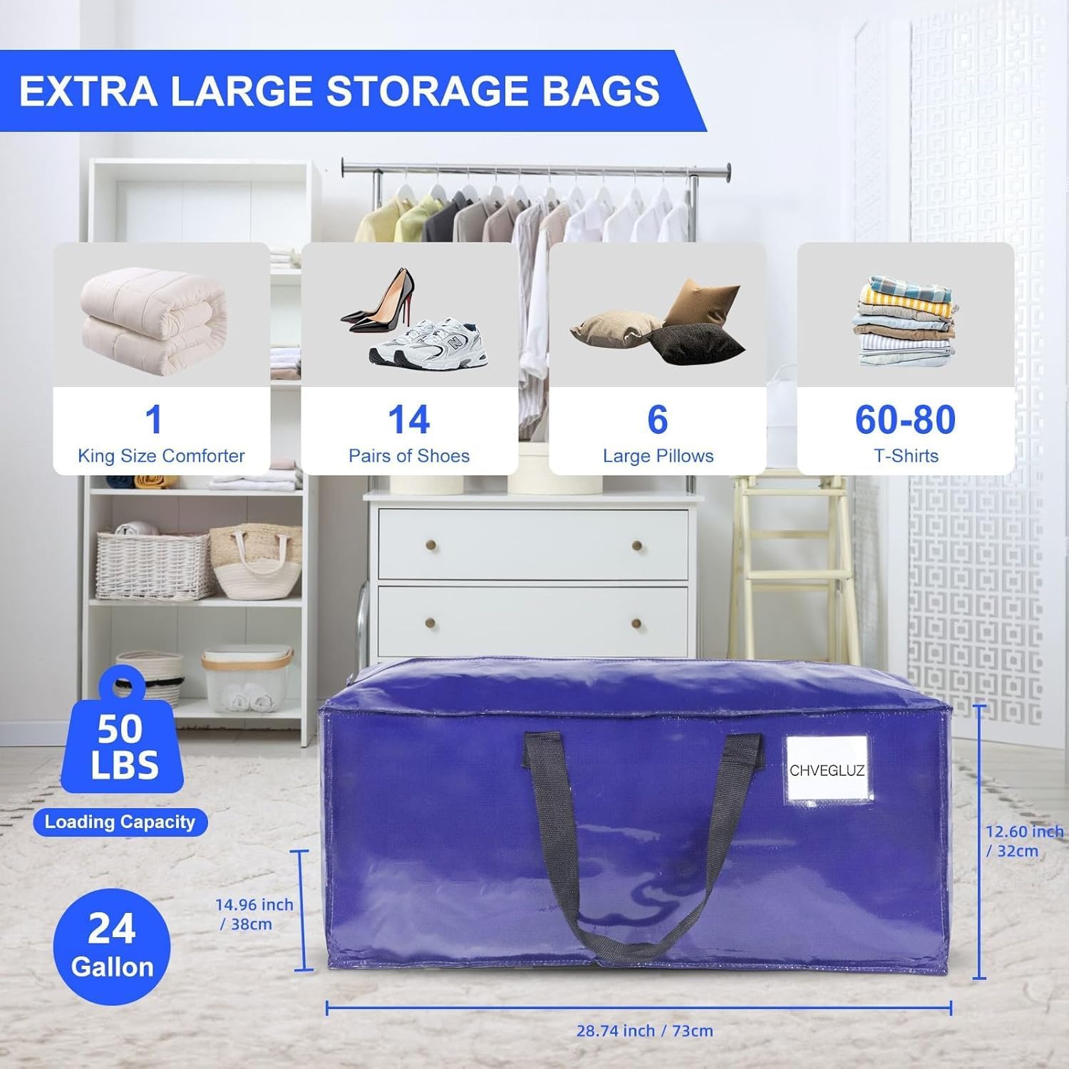 CHVEGLUZ 12 Packs Moving Bags Heavy Duty Extra Large,Storage Bags with Zipper&Handles, Sturdy&Durable Clothes Storage Bags Totes for College Dorm Essentials, Moving Boxes for College Supplies, Blue