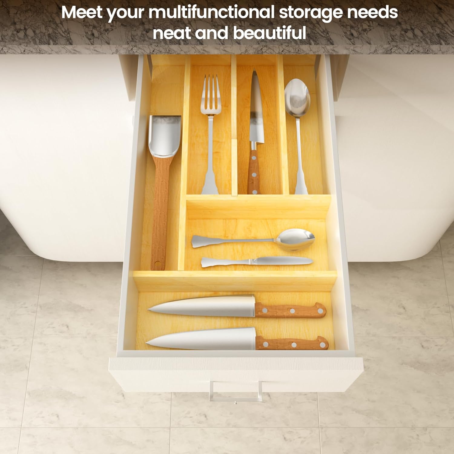 Silverware Drawer Organizer Wood with Adjustable Partition Utensil Cutlery Flatware Cabinet Storage (10.2" W x 19.5" D x 2.5" H)