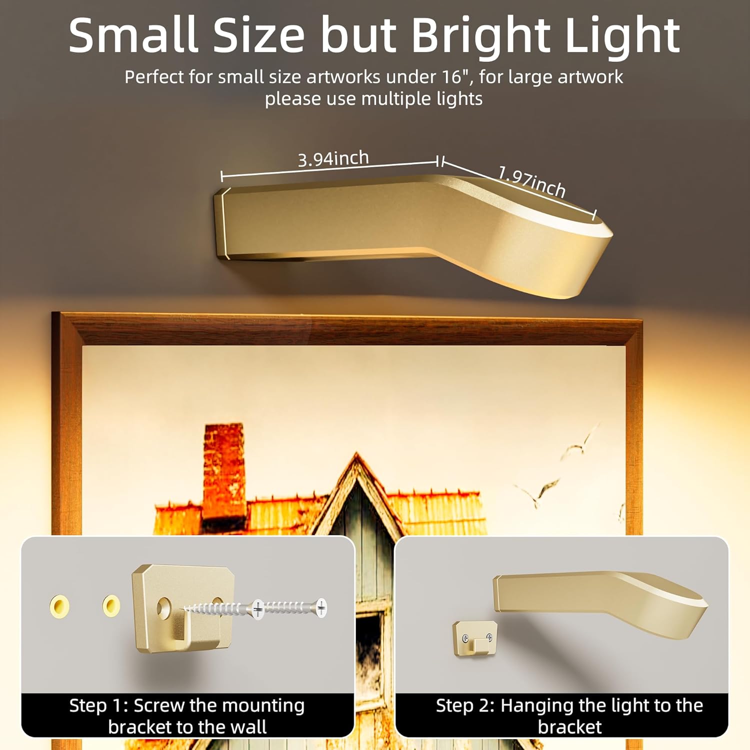 AIFEI Picture Lights for Wall, 4000mAh Rechargeable Battery Operated Picture Light with Remote, Dimmable 3 Color Temps & 8 RGB, Wireless Art Lighting for Paintings, Frames, Gallery (Brass, 1 Pack)