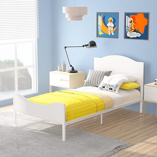 Timy Marco de cama individual para niños con cabecera y estribo de madera, marco de cama de plataforma de metal para niños, niñas, adolescentes y