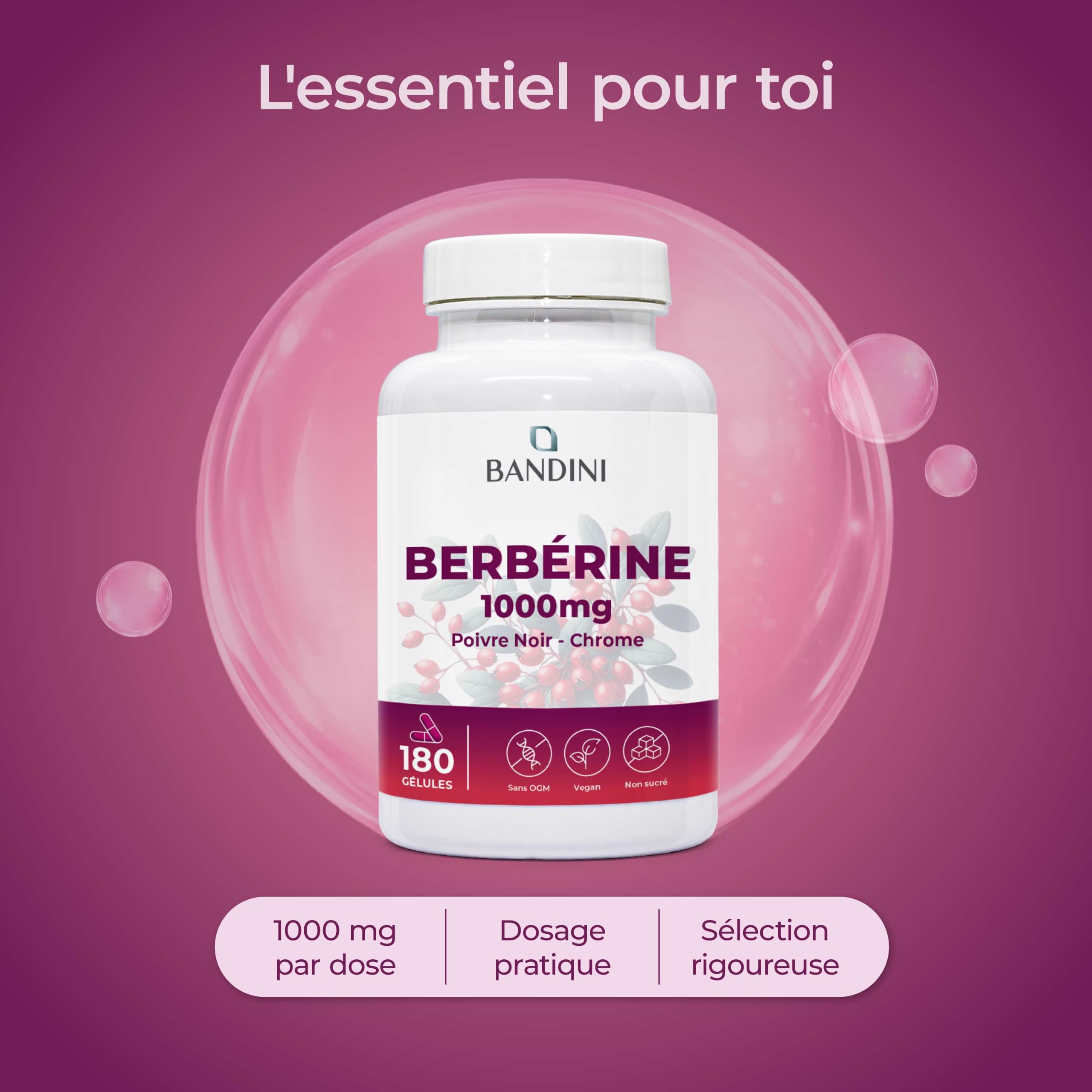 Bandini® Berbérine 1000 mg - 180 gélules pour 3 mois - Berberis Aristata | avec Chrome et Poivre noir naturel - Haute absorption - Vegan, Sans Additifs - Extrait concentré de Racine Berberis Vulgaris