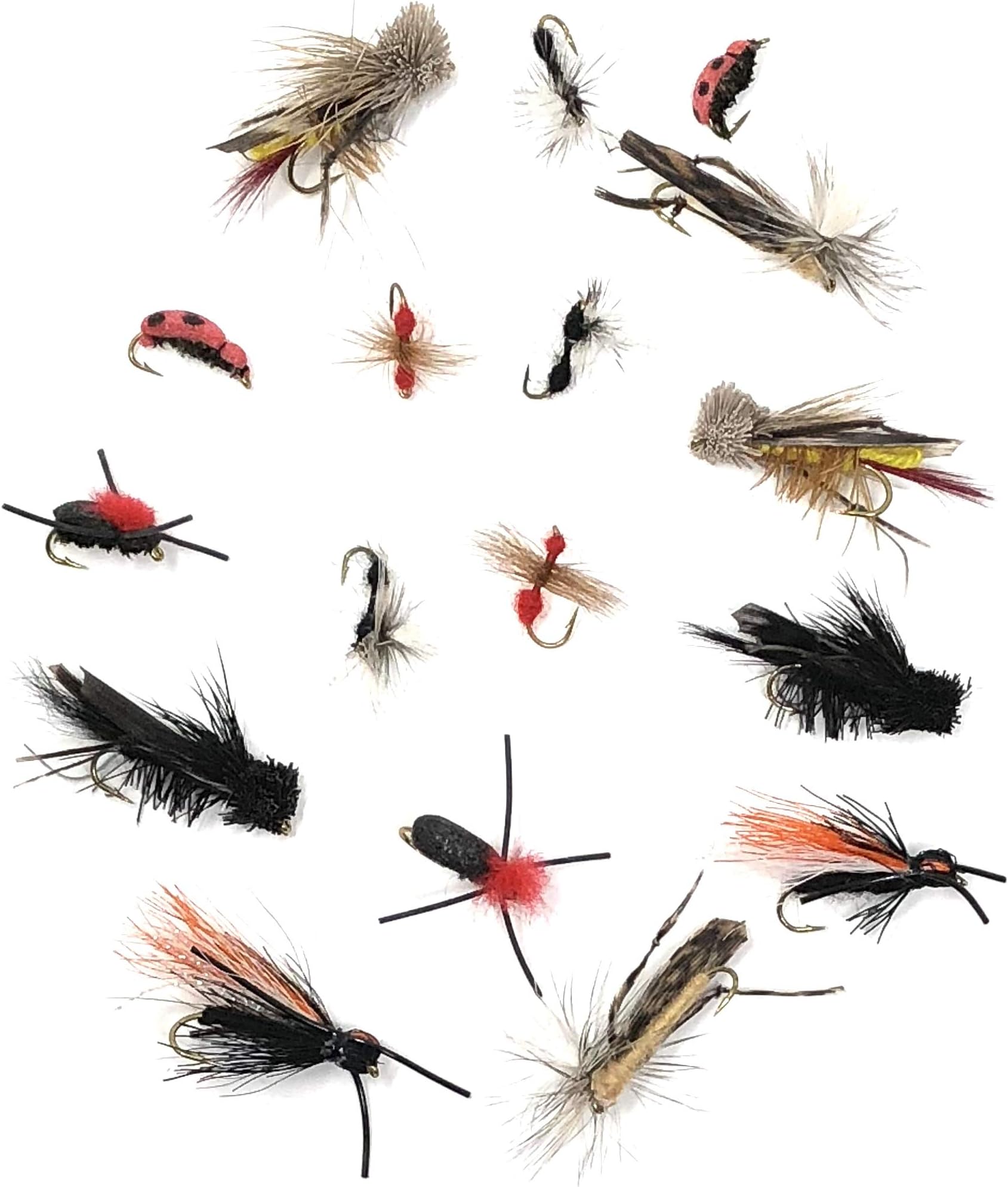 Feeder Creek 16pc Terrestrial Fly Assortment - 8 Patterns in 2 Sizes Includes Hopper, Ants, Beetles, Cricket, Cicada and Lady Bug for Trout, Bass, Salmon and Other Freshwater Fish