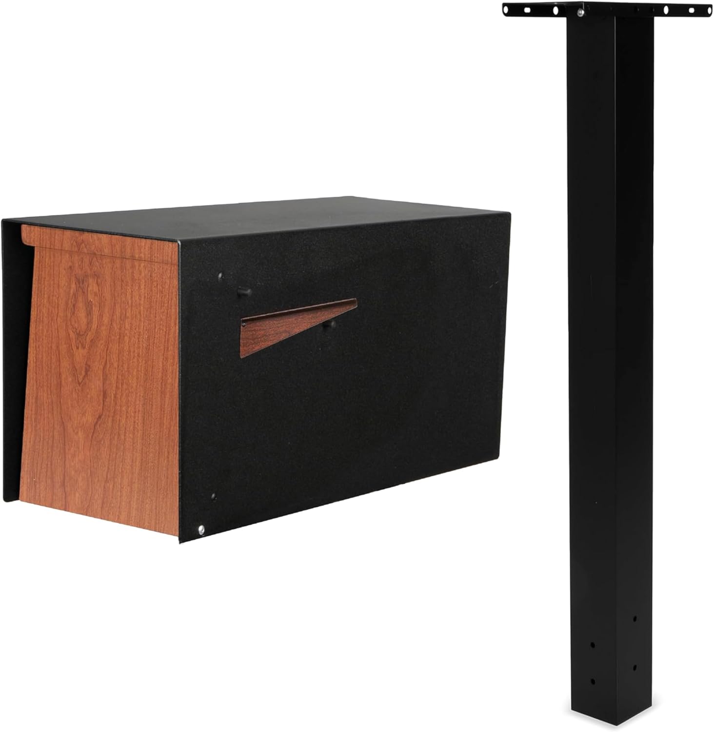 Ilyapa Modern Black Mailbox with Ash Wood Door & Waterproof Parcel Storage + Heavy-Duty 43" Metal Mailbox Post with Universal Mounting Plates for Curbside Residential Use