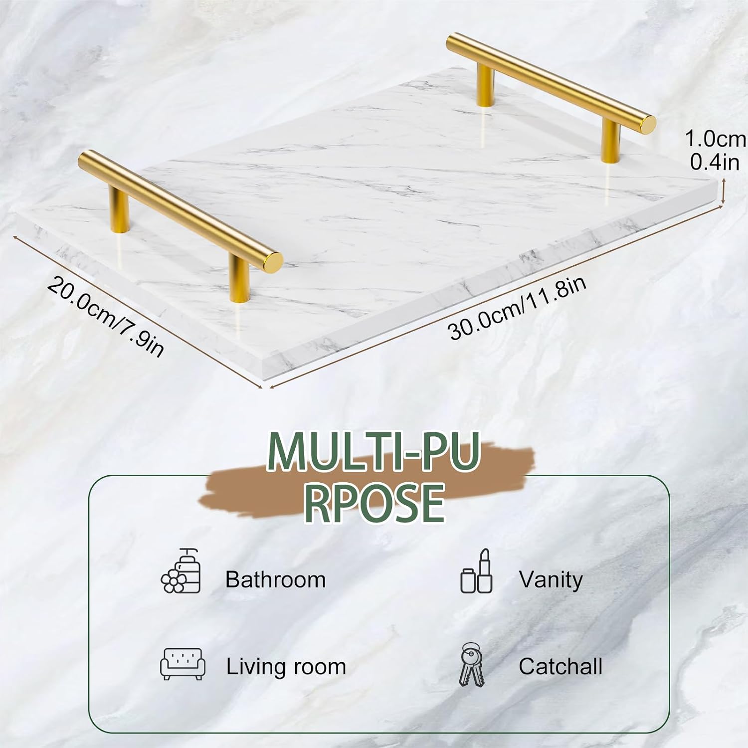 Decorative Marble Tray with Handles, 11.8x7.9x1.6 in, Carrara White image 3