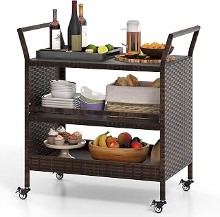 KOMFOTTEU Carro de Cocina con Ruedas, Carrito de Servicio de Ratán de 3 Niveles con Asas, Carro de Barbacoa para Comedor, Jardín, Picnic, 86 x 50 x 89 cm