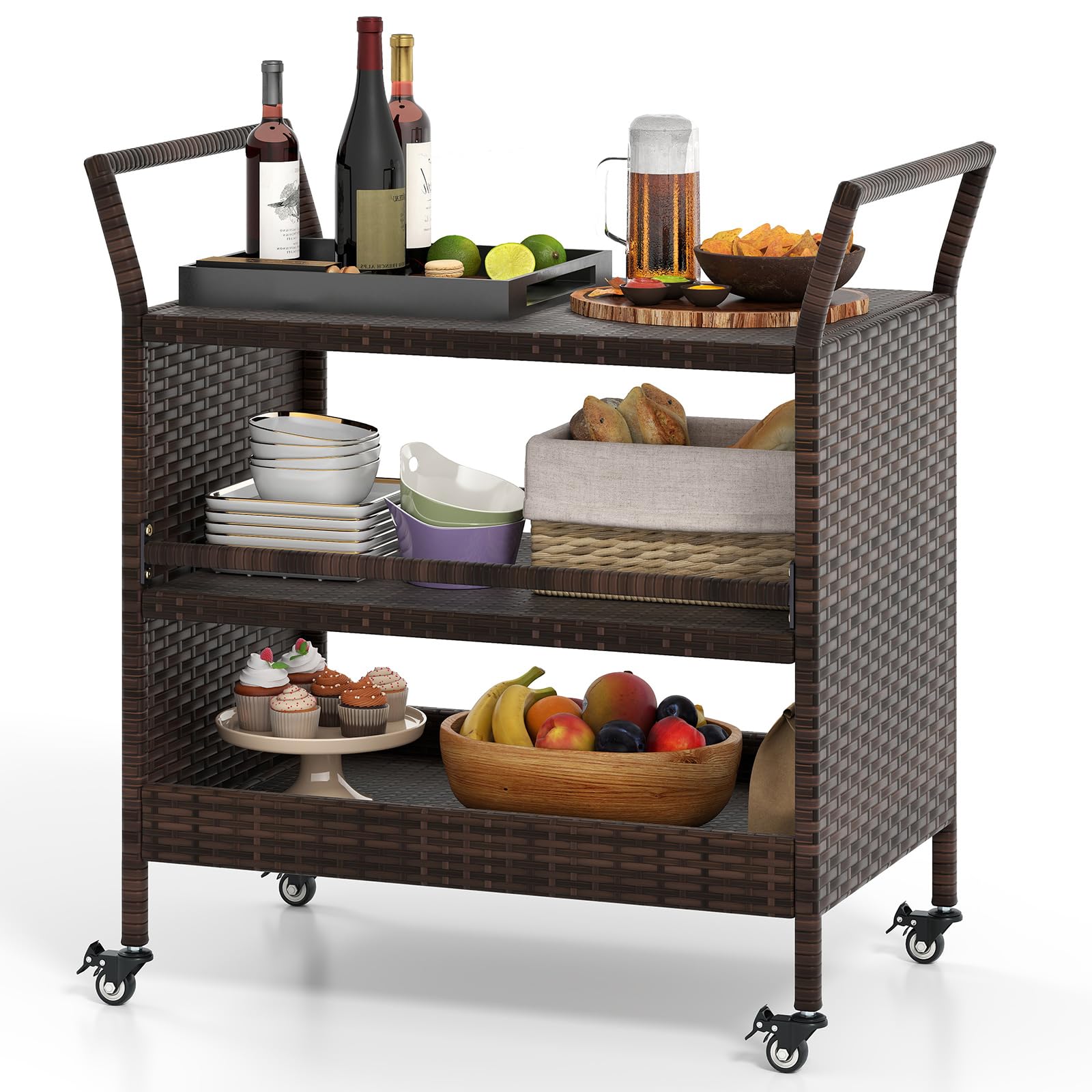 KOMFOTTEU Carro de Cocina con Ruedas, Carrito de Servicio de Ratán de 3 Niveles con Asas, Carro de Barbacoa para Comedor, Jardín, Picnic, 86 x 50 x 89 cm