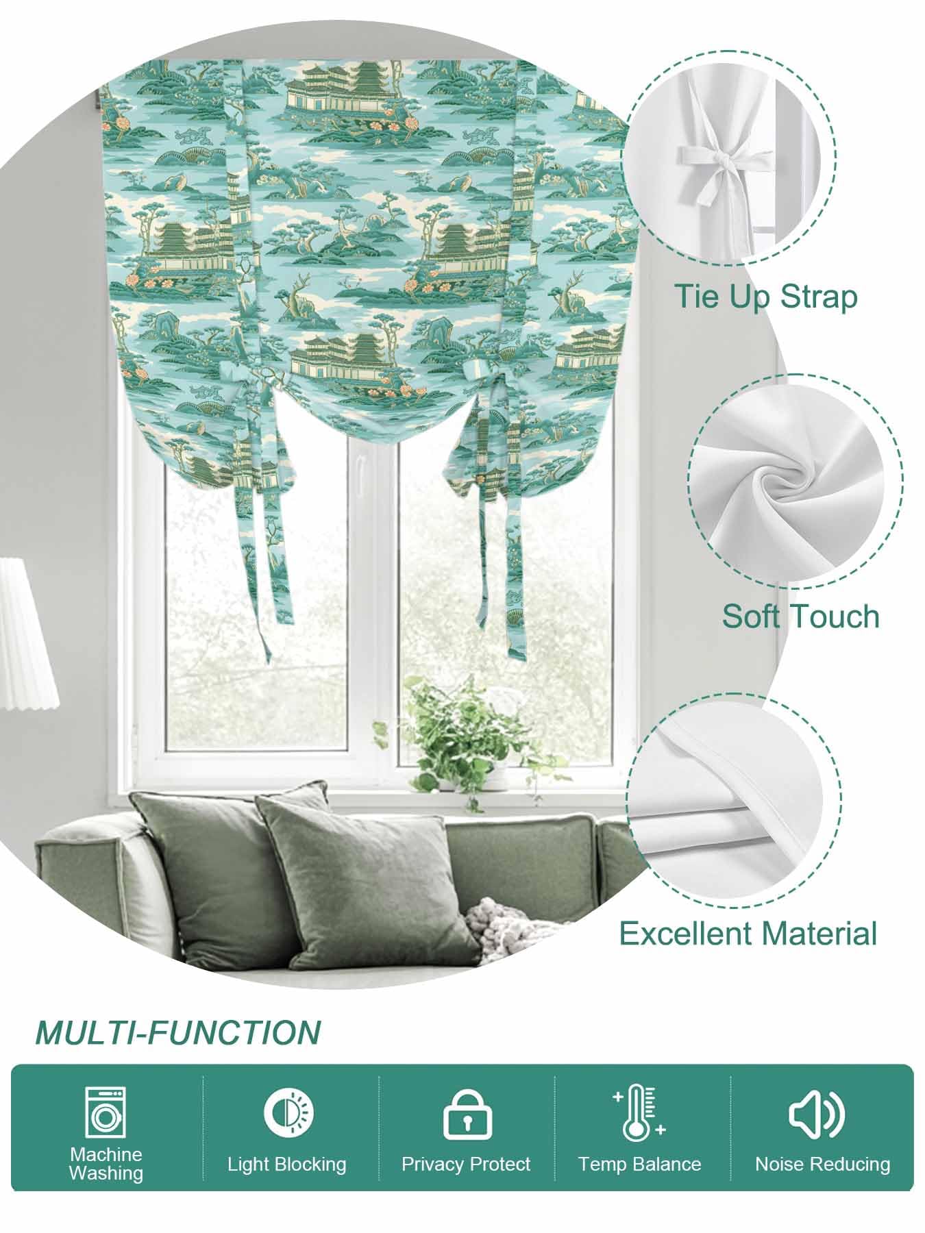 Tie Up Curtains for Windows Turquoise Garden Roman Shade 46 x 63 Inch Bathroom Curtains Window Modern Art Building Rock Landscape Rod Pocket Short Balloon Curtains for Living Room Kitchen Small Blinds