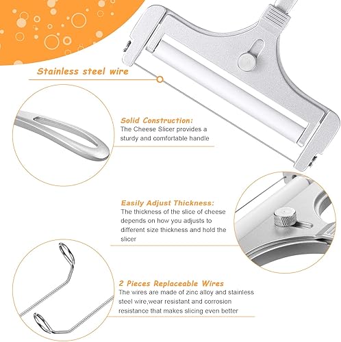 Miniatura 3 de Patelai Cortador de queso de alambre de acero inoxidable con alambre de grosor ajustable, cortador de bloque de queso de mano para cheddar gruyere