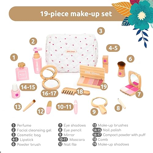 Miniatura 5 de UMU Kit de maquillaje de madera para niños pequeños, juego de belleza de juguete realista para niñas con lápiz labial, espejo, perfume, polvo y