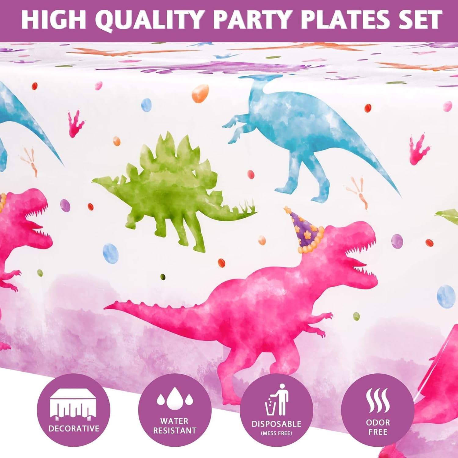 WERNNSAI Girl Dinosaur Party Decorations - 33 PCS Dino Plates Napkins Tablecloth Pink Dinosaur Birthday Decorations Three Rex Table Decorations for Kids Girls Birthday Baby Shower Serves 16 Guests