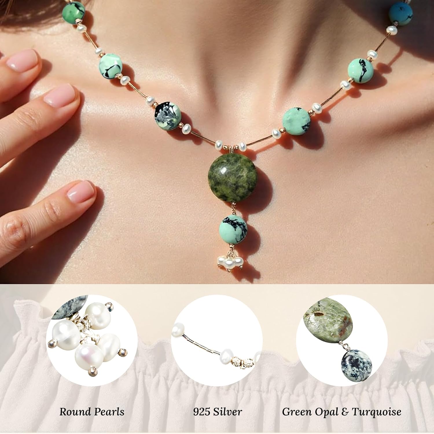 16" Freshwater Pearl Necklace - Baroque Necklace with Green Opal, Turquoise, Silver Clasp - Real Pearls Strand with Vintage Beaded Charms Luxury Jewelry Gift