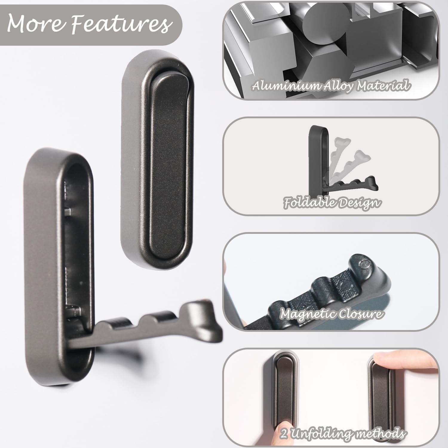 Foldable Heavy-Duty Wall Coat Hooks, 6-Pack Aluminum Alloy Screw-Mounted Hooks for Towels, Coats, Bags, Rustproof Design for Bathroom, Kitchen, Entryway (Space Grey)
