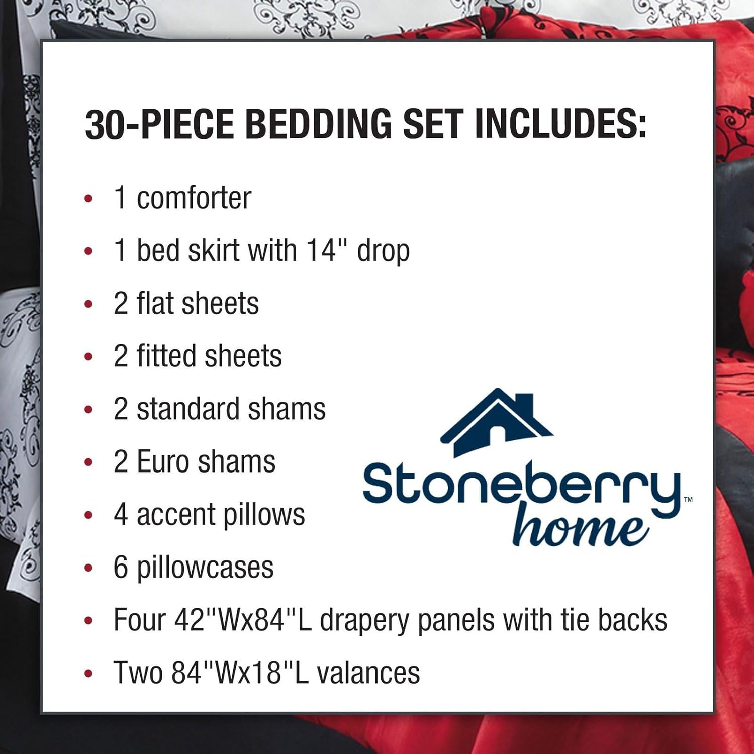 30-Piece Bedding Set, Complete All-in-One Bedroom Makeover Ensemble, Coordinated Bedding and Window Set, Westport/Red, Full