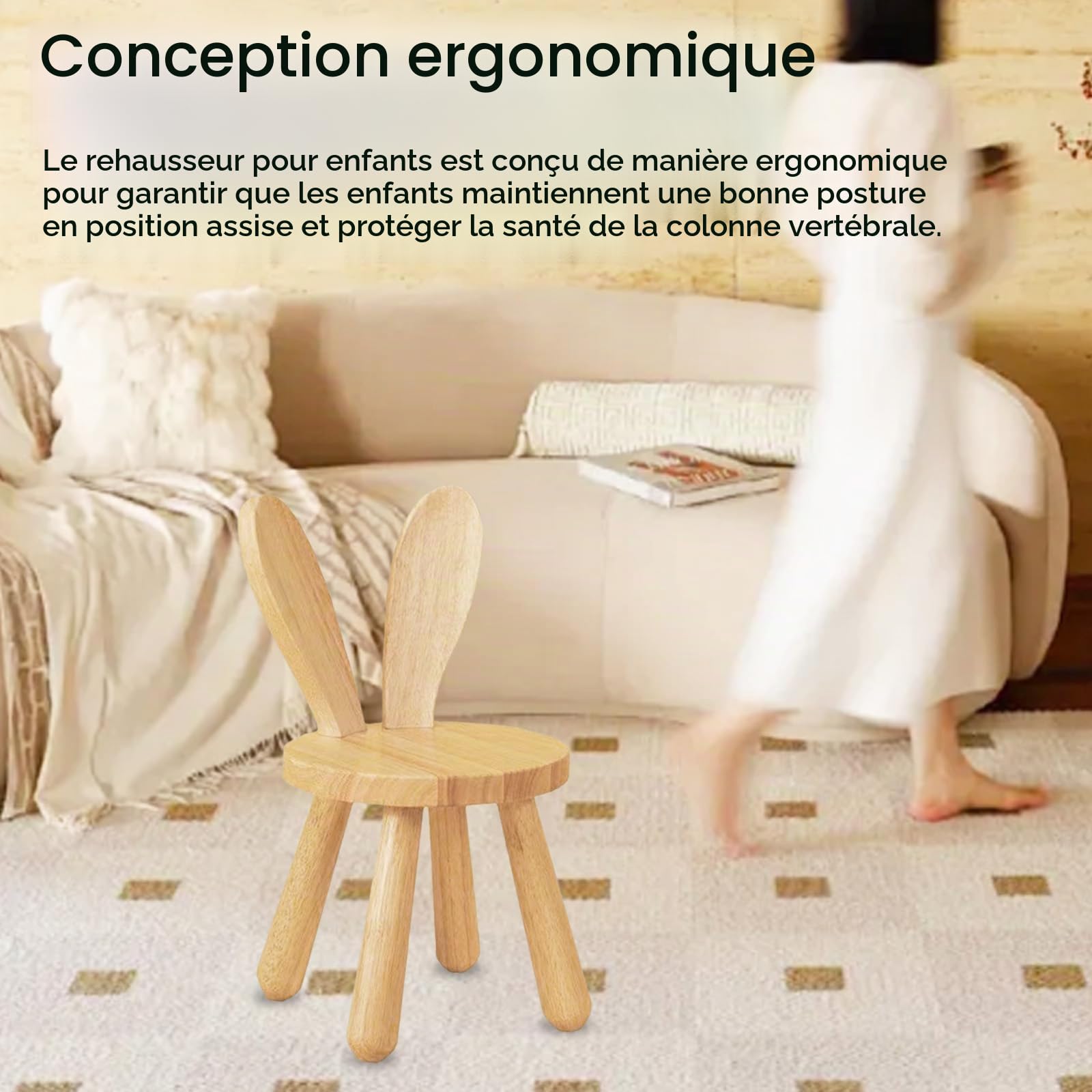Chaise en Bois Massif Pour Enfant Avec Dossier Oreilles de Lapin, Dispositif Antidérapant, Hévéa Pour Chambre 25cm