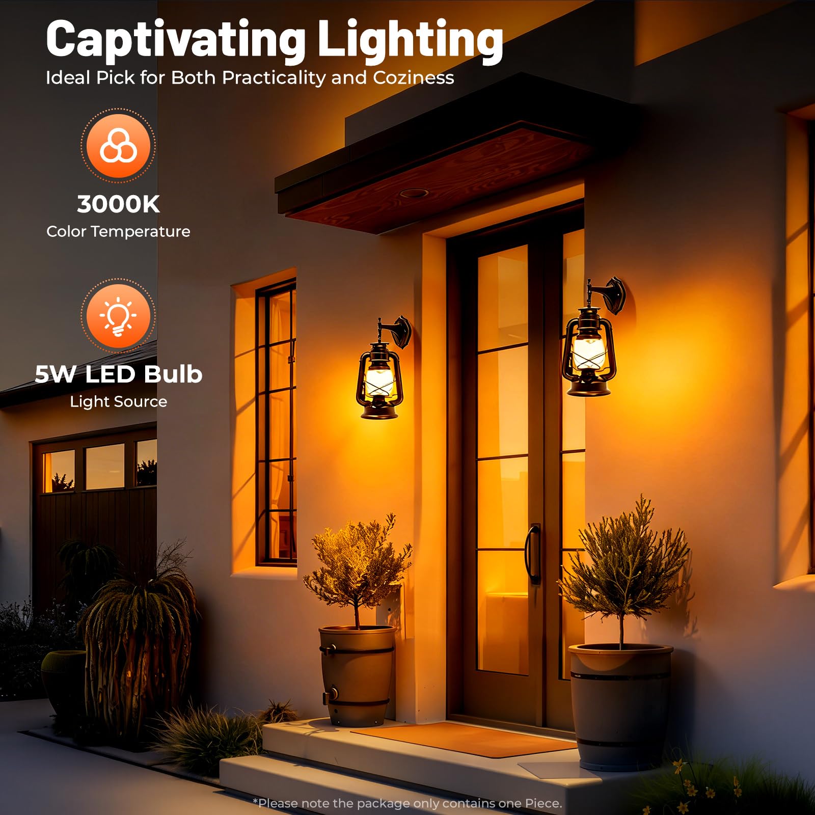 Latarnia ścienna LED w stylu vintage, czarna, E27, 5 W, 3000 K, metalowa, 38 cm