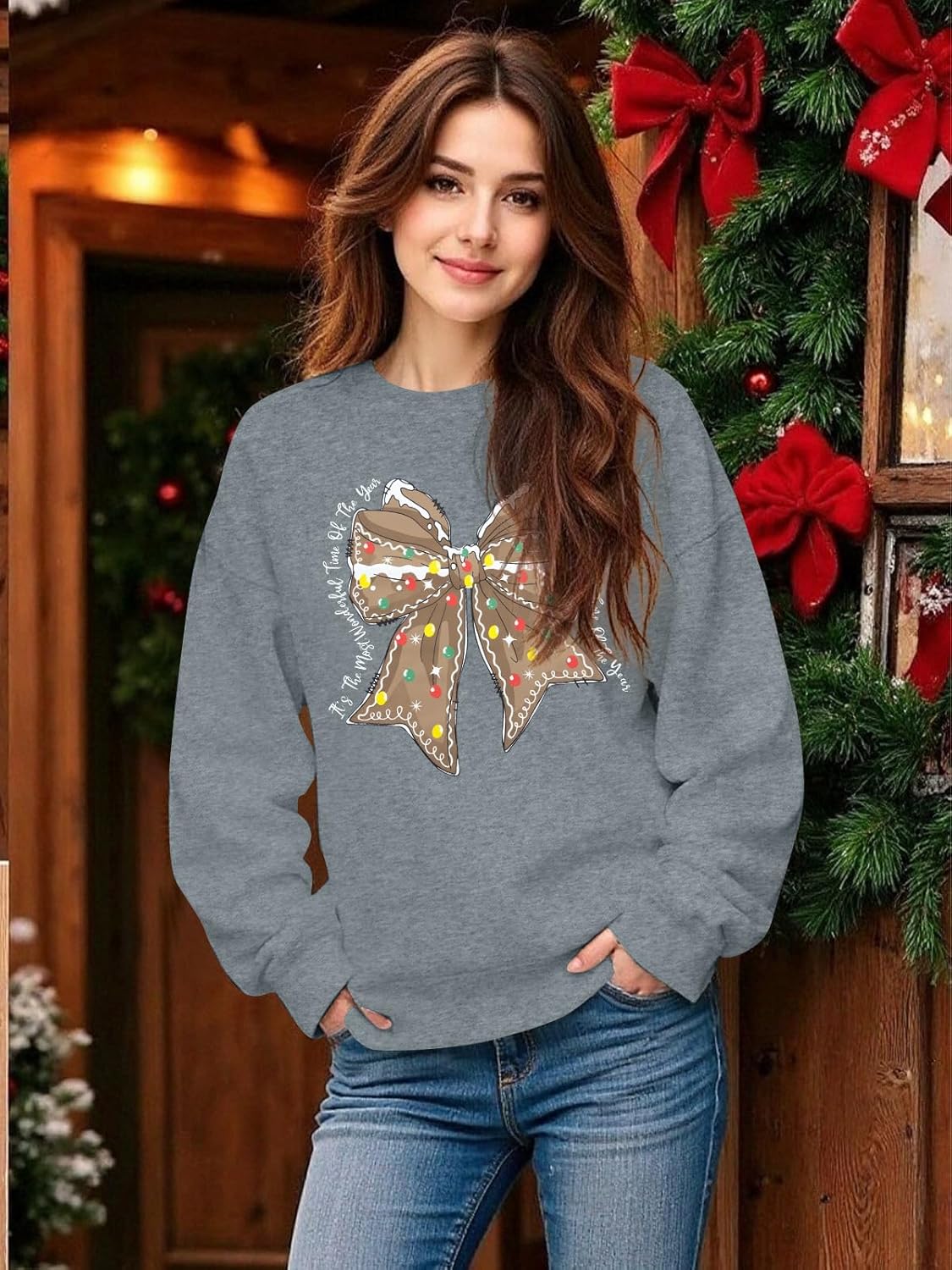 Christmas Bow Shirts for Women Merry and Bright Sweatshirt Vintage Xmas Vacation Casual Long Sleeve T-Shirts - Image 5