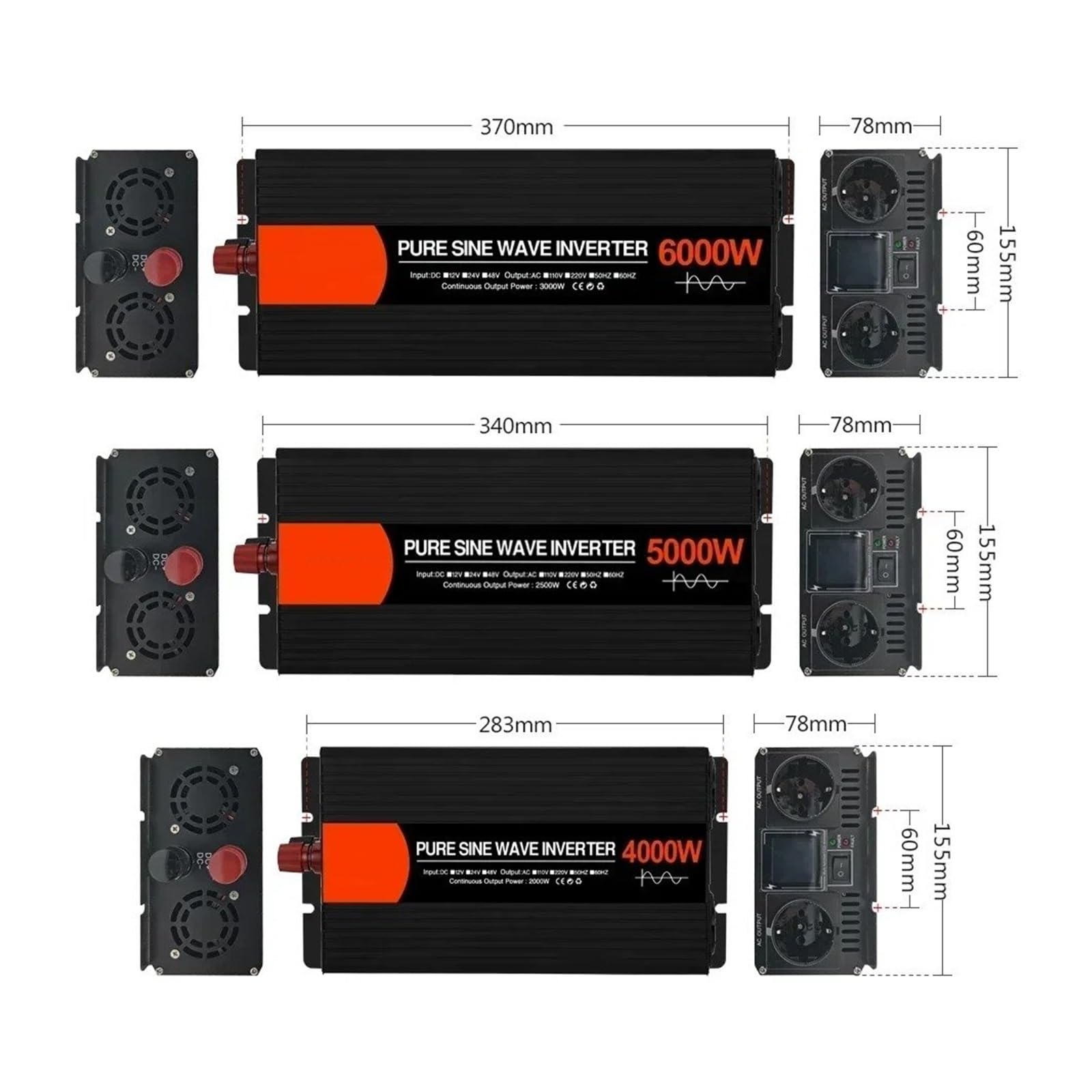 Inversores Onda Sinusoidal Pura con Doble Enchufe Europeo para Coche Convertidores Voltaje CC 12 V 24 V 48 V A CA 220 V 4000 W 5000 W 6000 W(12V,220V 60Hz,5000W (Rated 2500W))