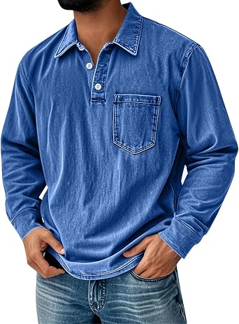 RTTUIOP Long Sleeve Polo Shirts for Men Mokaloha Mens Shirts Button Down Denim Shirt Vintage Western Washed Distressed Top