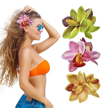 3 Pcs Hawaiian Flower Hair Clips, Orchid Hair Clip, Hawaiian Tropical Flower Hairs Clip, Hawaii Flowers Hairs Clips, Colorful Hawaii Hibiscus Flowers for Women and Girls