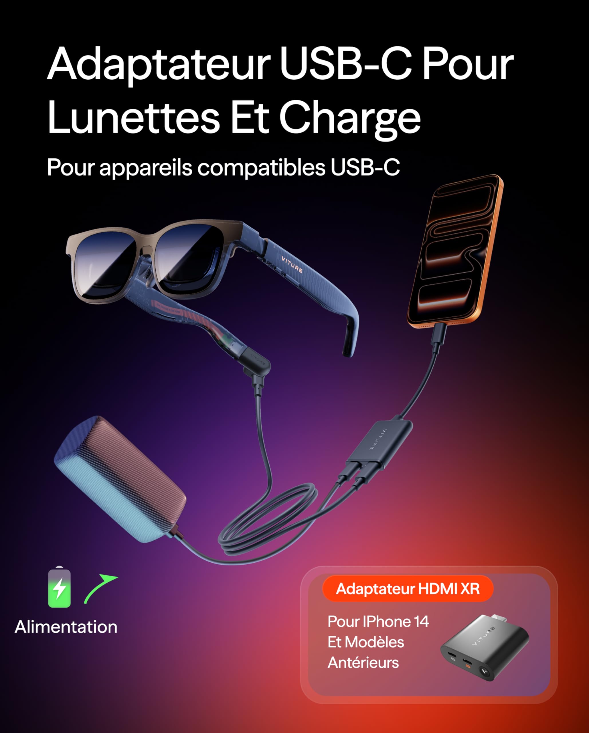 VITURE Adaptateur de Charge USB C XR USB-C iPhone Multi-écran 3DoF 3D Spatial VR Compatible iPhone 17/16/15 Charge Lecture