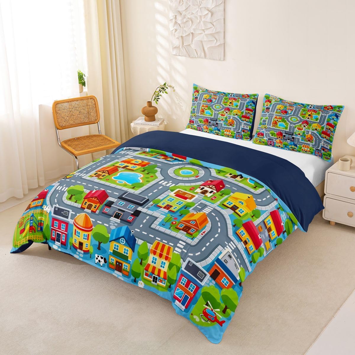 Manfei Cartoon City Map Duvet Cover Set Road Building Playground Tree Bedding Set Play Adventure Car Map Quilt Cover with Zipper Closure Kids Room Decor 2 Pillowcase No Comforter 3Pcs Queen Blue Green
