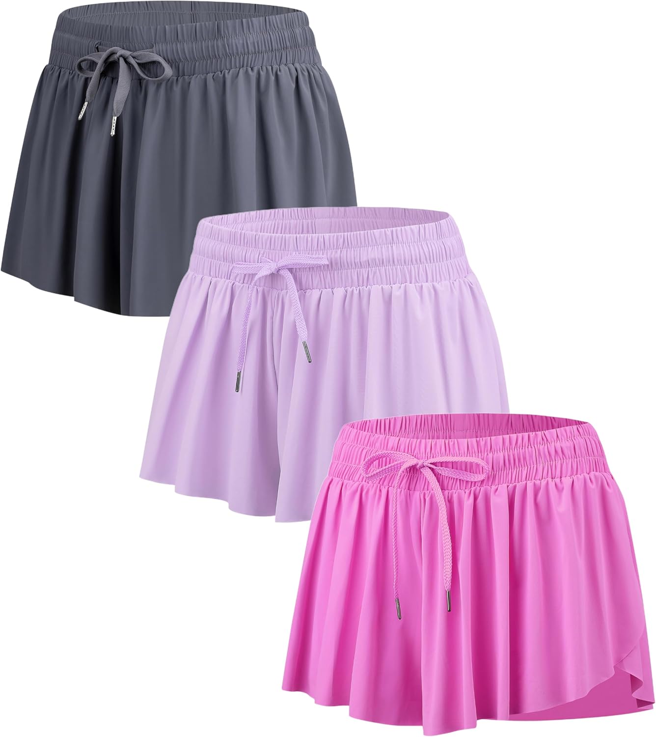 Yknktstc 3 Pack Womens 2 in 1 Flowy Running Shorts with Pockets Gym Yoga Athletic Workout Biker Spandex Lounge Sweat Skirt