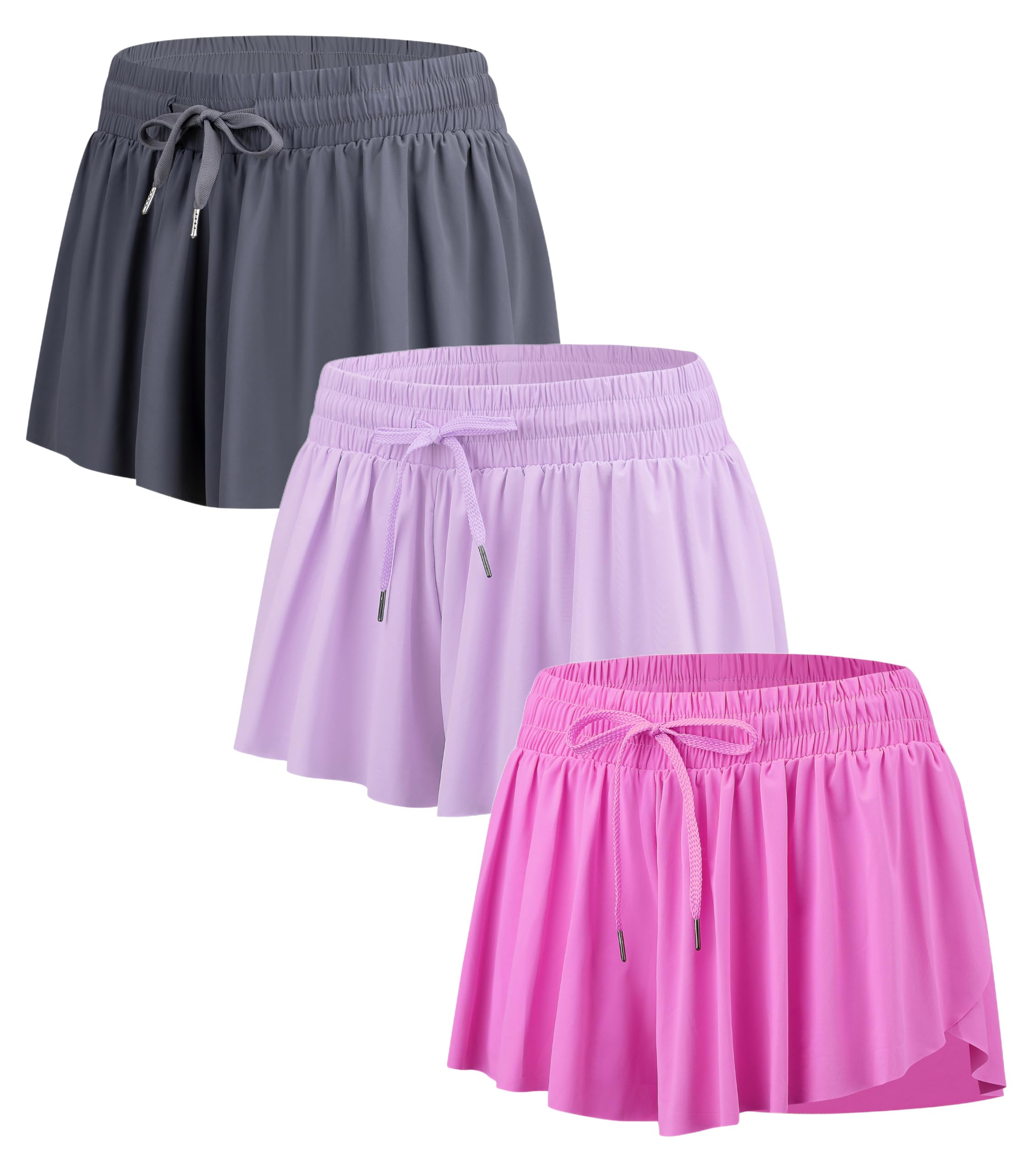 Yknktstc3 Pack Womens 2 in 1 Flowy Running Shorts with Pockets Gym Yoga Athletic Workout Biker Spandex Lounge Sweat Skirt