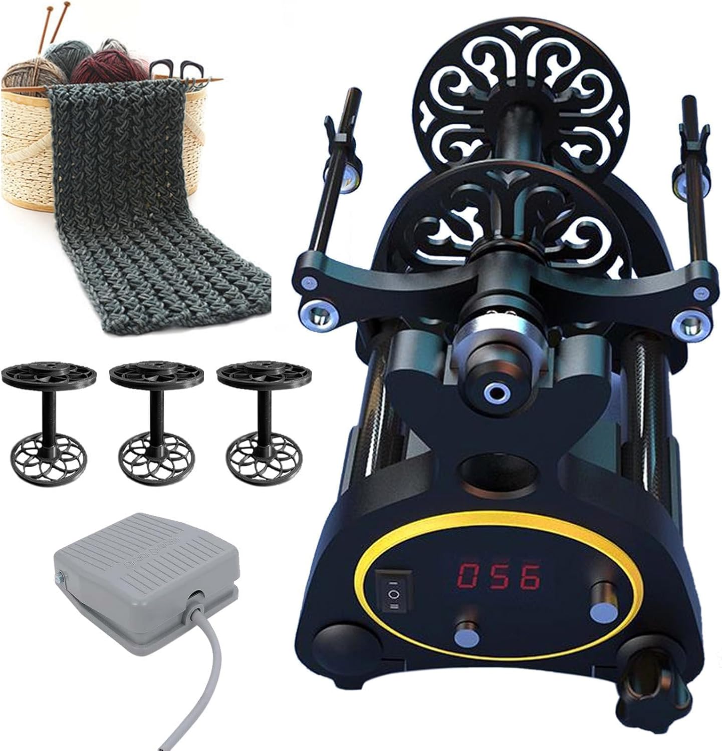 12V Electric Yarn Spinner Kit with Foot Controller & 3 Bobbins, Speed Control, Forward and Reverse, 8oz Capacity for Twisting and Plying Wool, Cotton(Black1)