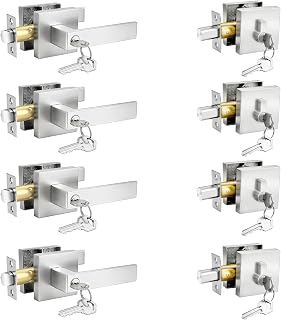 4 Pack Brushed Nickel Exterior Door Lock Set with Deadbolt, Square Front Door Handle Set, Door Levers Single Cylinder Deadbolt Set, Keyed Alike Heavy Duty Keyed Entry Handles Locksets
