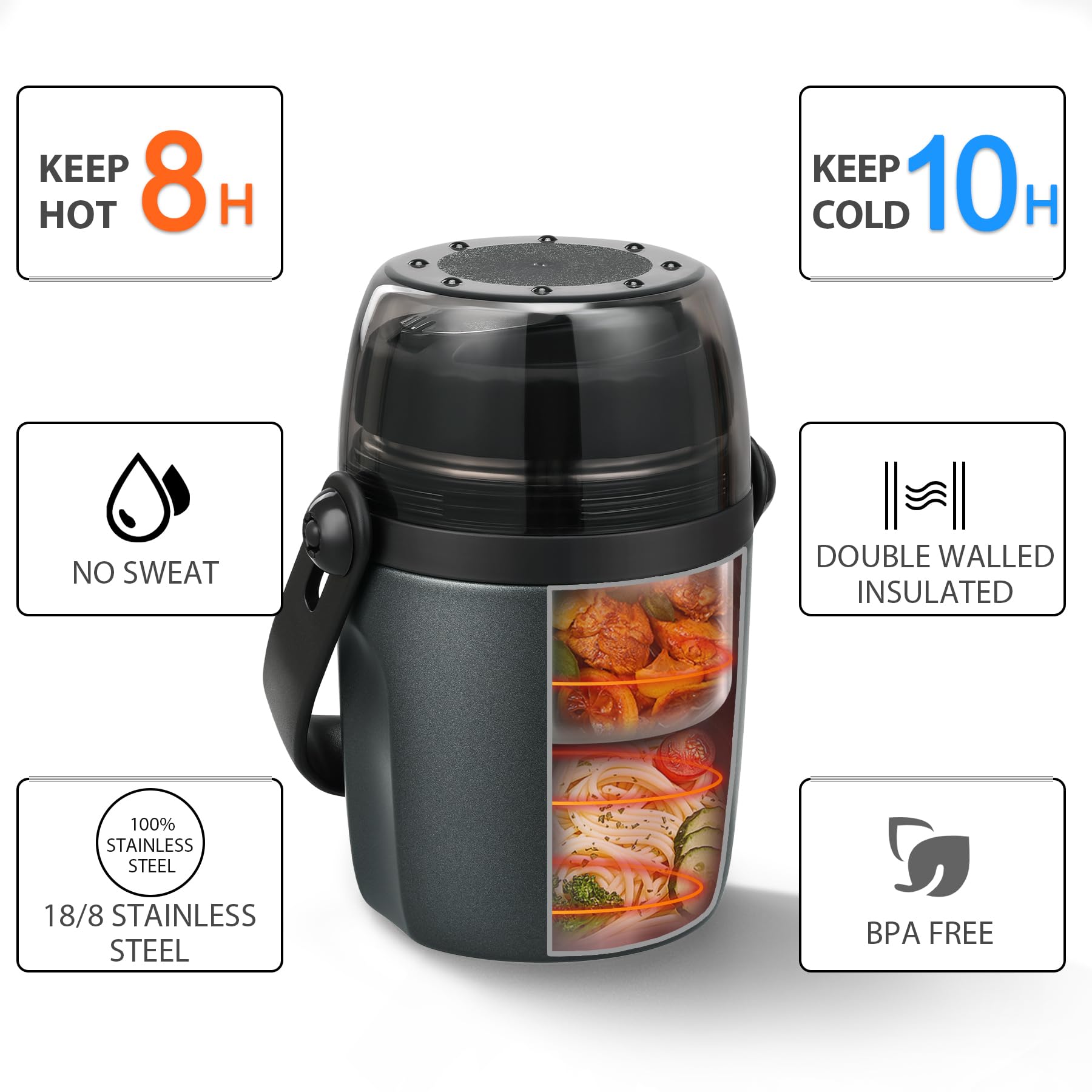 Recipientes de almuerzo de 32 onzas para adultos y niños, termo de sopa para comida caliente, acero inoxidable, aislado al vacío, a prueba de fugas, boca ancha, caja Bento térmica con cuchara y tapa 3