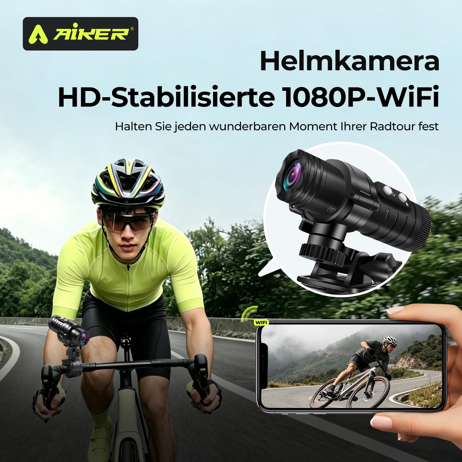 AIKER Dashcam Fahrrad,1080P Hd&120°Weitwinkel Wifi Action Kamera,Mini Action Cam Mit Multifunctional Accessories,Helmkamera Echtzeit-Pegelkorrekturfunktion/Wasserdicht/Lange Akkulaufzei Für Den Alltag Elektronik & Foto