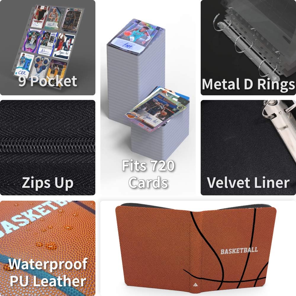 Premium Basketball Card Binder for Trading Cards, Authentic Basketball Texture 9-Pocket Card Binder Fit 720 Cards with 40 Sleeves Included