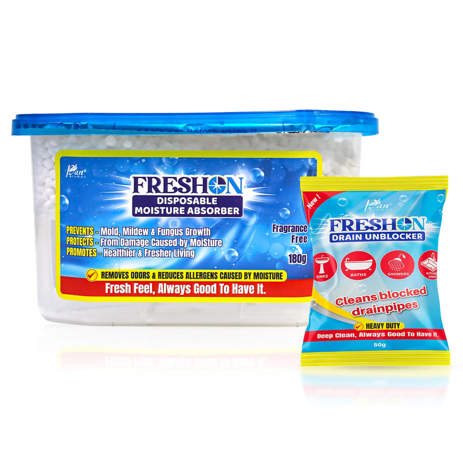 FRESHON by Pan Aromas Disposable Moisture Absorber (180g) Includes Complimentary Drain Unblocker| Dehumidifier for Wardrobe, Closet, Shoe Rack, Car, Storage Boxes & Cabinets| Absorbs Up to 400ml Water-image-49