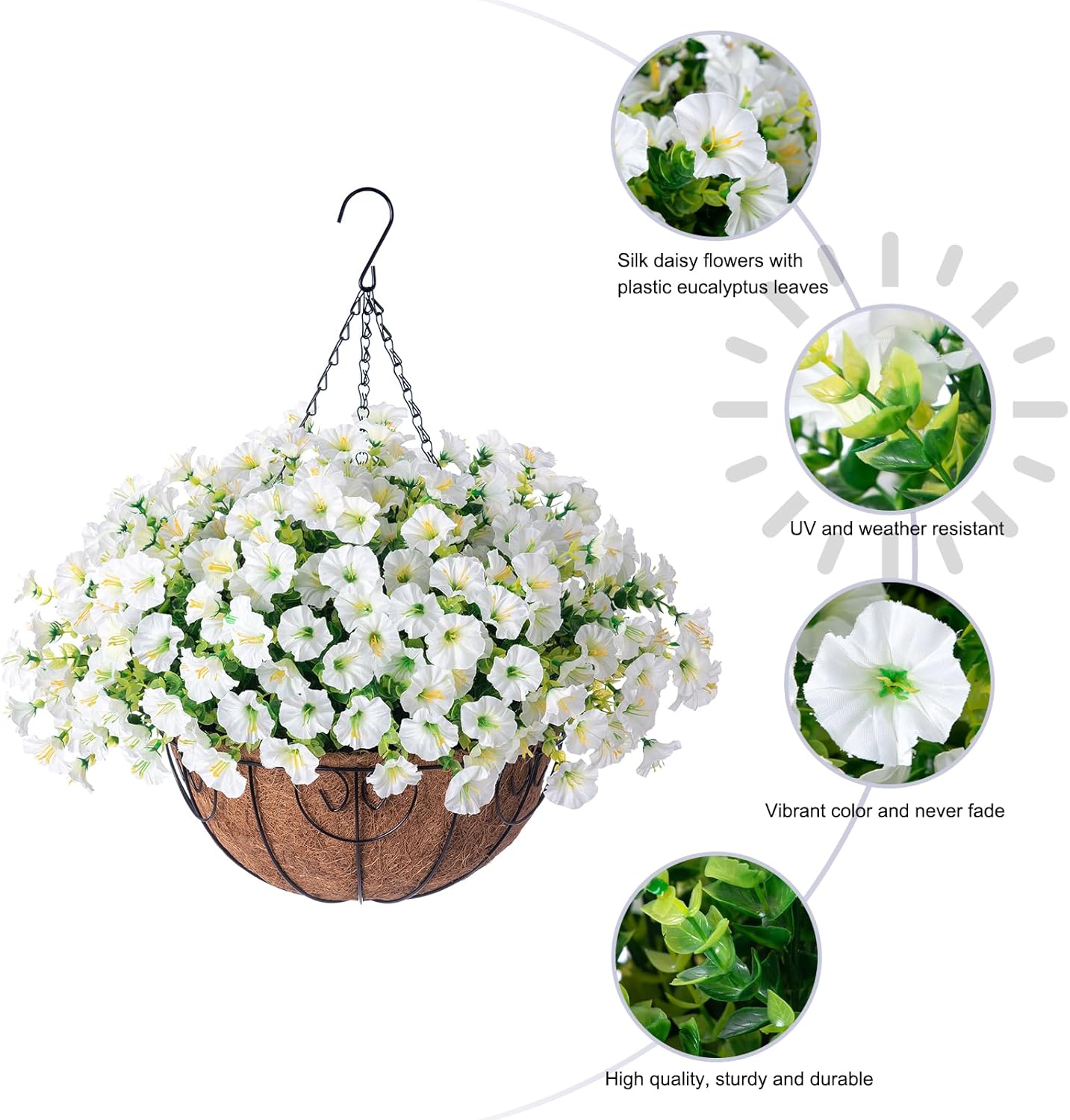 Ivydale Artificial Fake Hanging Flowers Plants Baskets for Outdoor Spring Summer Decoration, Faux Silk White Morning Glory Look Real UV Resistant for Outside Porch Patio Balcony Yard Front Door Garden - Image 5