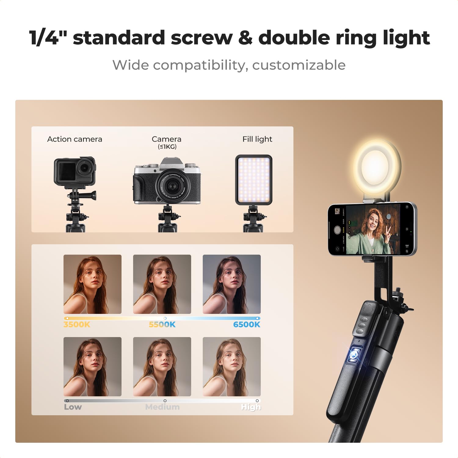 K&F Concept Perche Selfie Trépied AI 360° - Suivi Automatique, Déploiement Rapide 180cm, 2 Lampes Annulaires, Télécommande Bluetooth - Pour Vlog, Live, TikTok - 2
