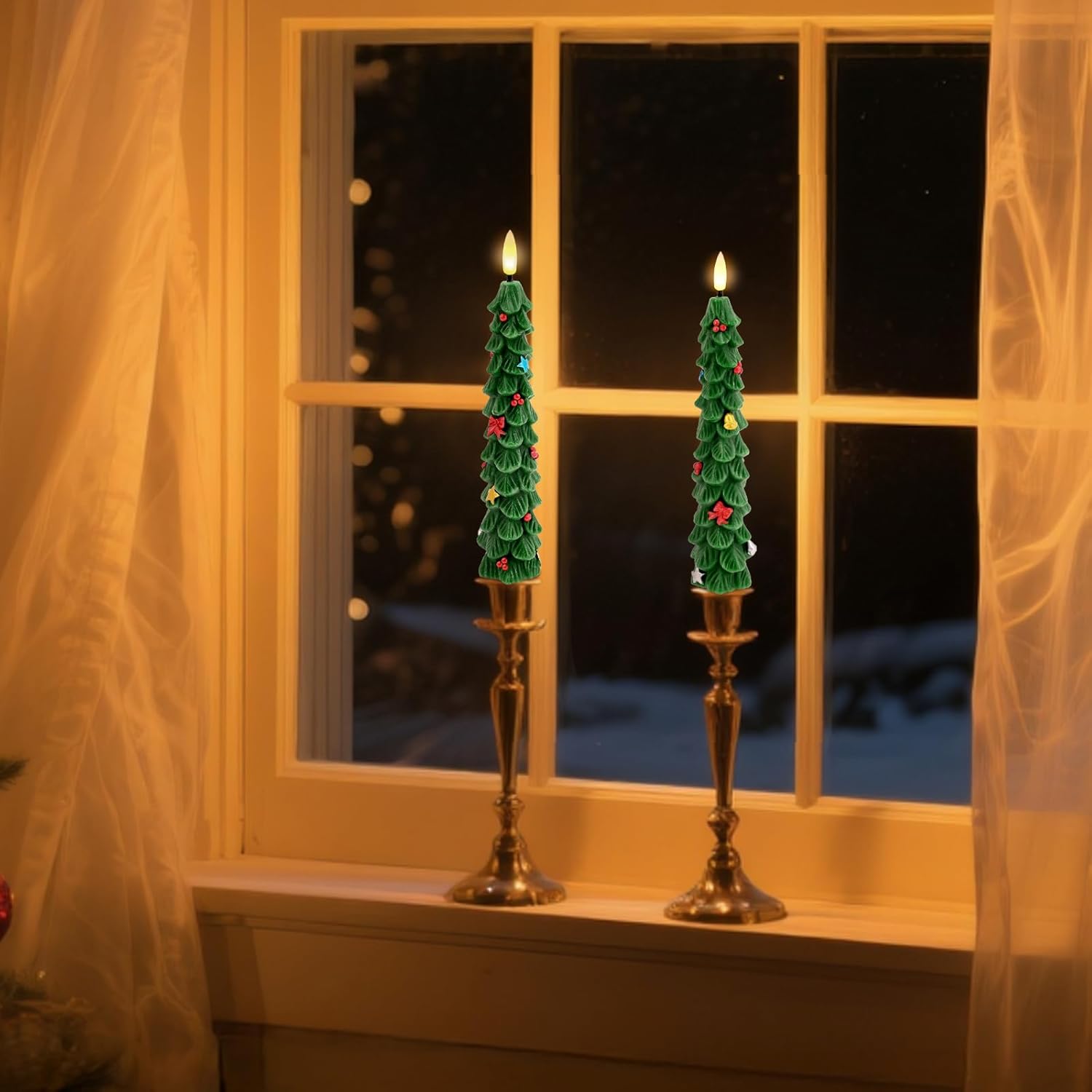 Christmas Tree Flameless Candles: 2Pcs LED Taper Christmas Candles Battery Operated - Green Flickering Taper Candlesticks Lights for Windowsills Fireplaces and Dining Tables (Green)