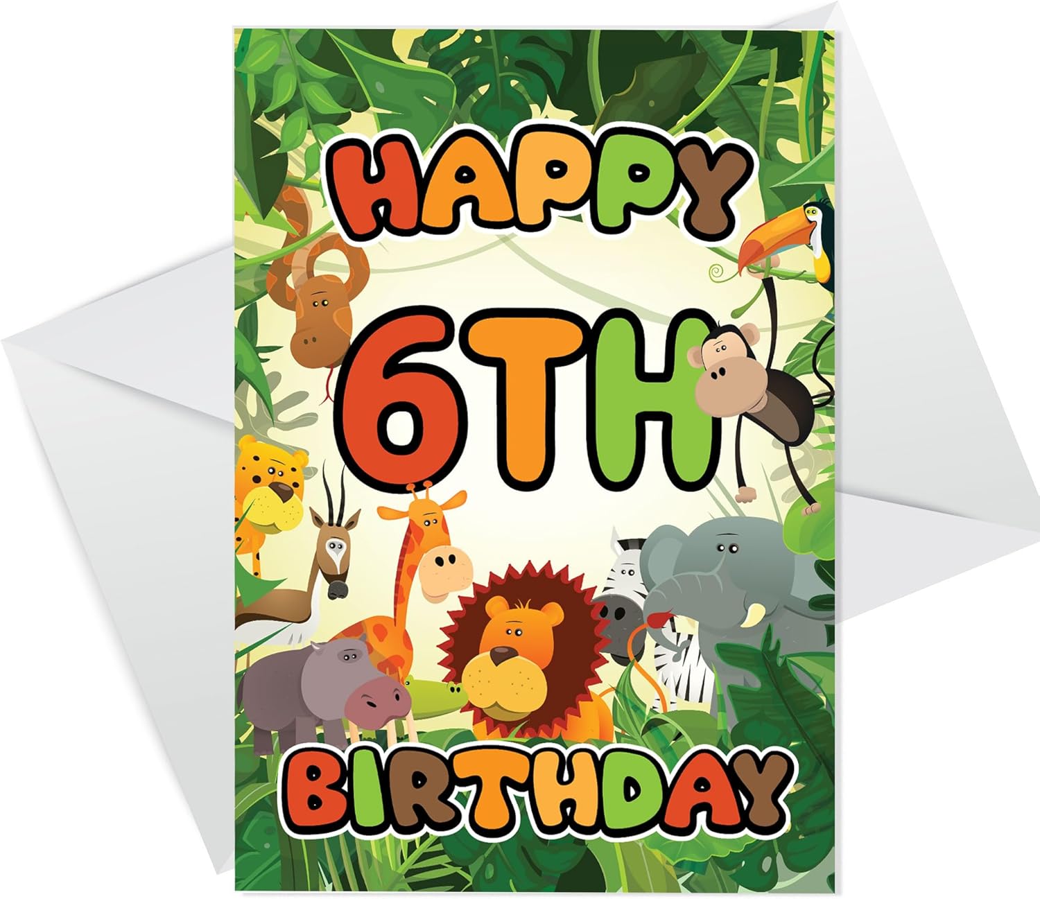 RED OCEAN 6th Birthday Card for Boys Girls - Jungle Safari Animals - Happy Birthday Card 6 Year Old Boy Girl, Sixth Birthday Cards for Him Her, Cards for Children Kids (6th Birthday Jungle Scene)