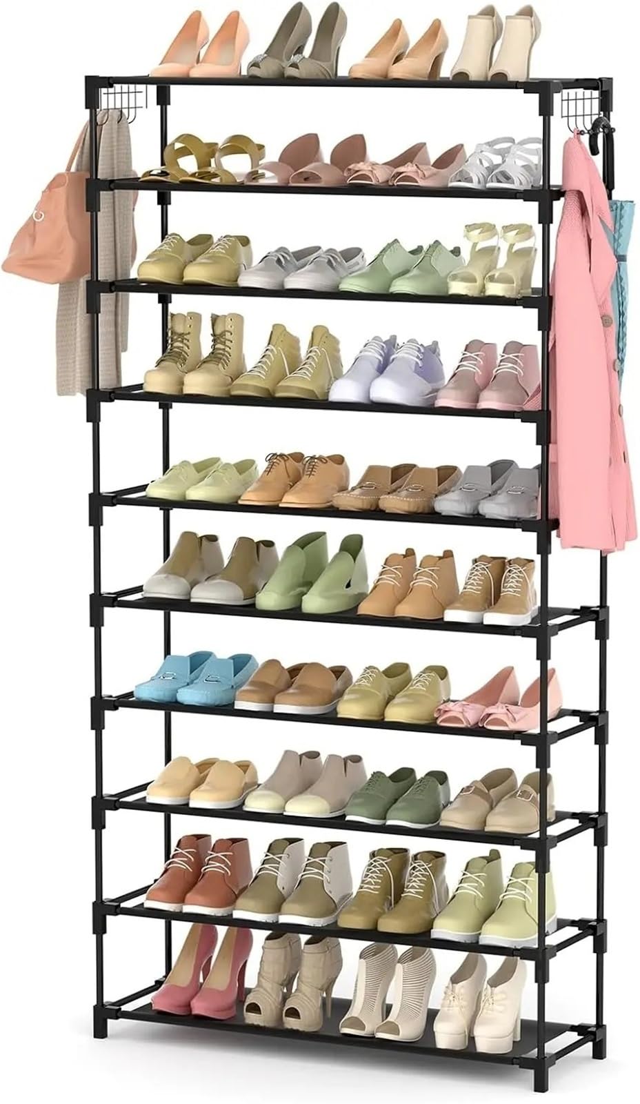 XILEUDUOD Shoe Organizer For Entryway 10-Tier Metal Shoe Rack With Hooks, Large Capacity Space-Saving Organizer For Closet Entryway Bedroom