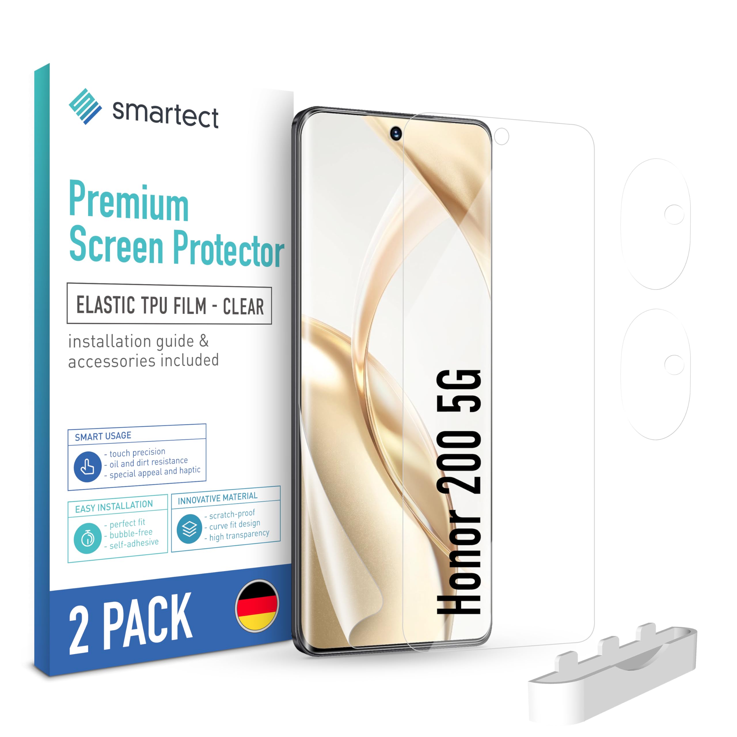 smartect TPU Protector Pantalla 2 + 2 Piezas para Honor 200 5G | Película Protectora + Cámara, Antiarañazos, Ultra Transparente, Sin Burbujas, Compatible Huella Digital, Compatible Funda