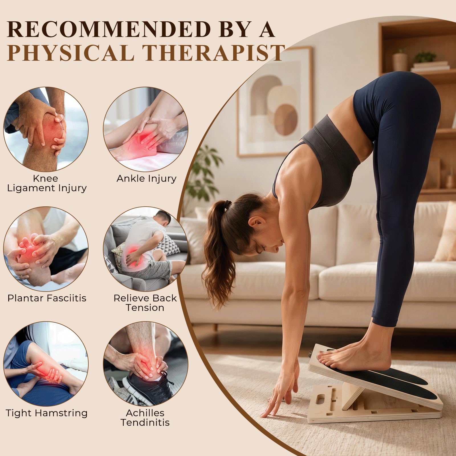3 in 1 Tavola inclinata in legno,Balance Board con maniglia | Balance Board in Legno, Tavola Propriocettiva, con 4 angoli di inclinazione, per Allungare i Muscoli delle Gambe