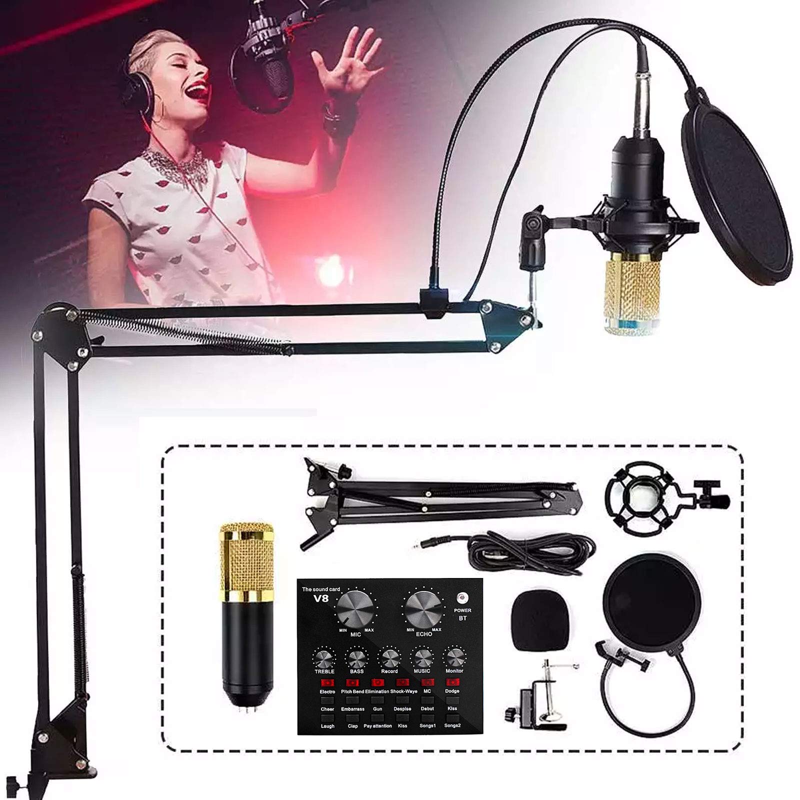 Pacchetto Microfono A Condensatore V8, Kit Microfono Bm-800 con Scheda Audio Live, per Registrazione, Voice Over, Streaming, Home Studio,