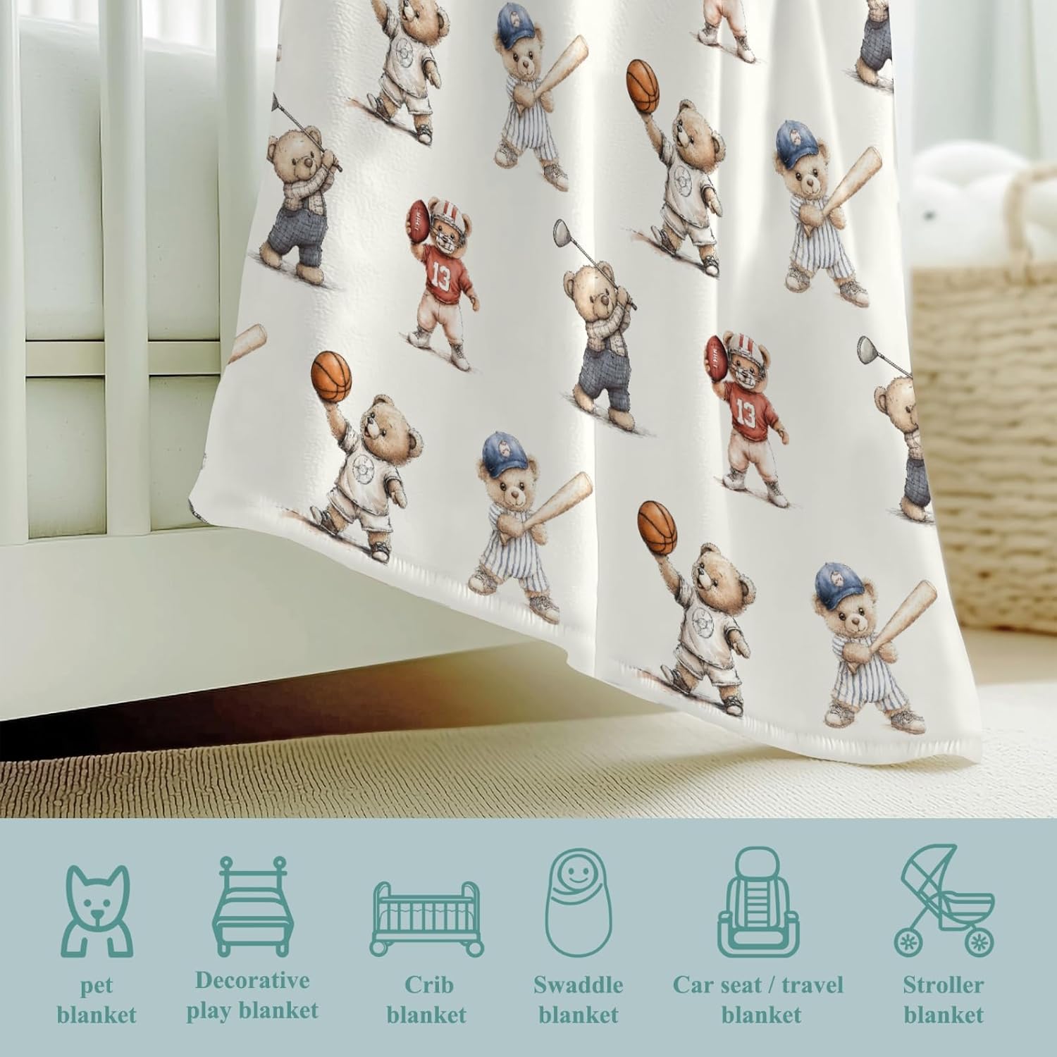 Cute Sport Bears Golf Baseball Basketball Baby Boy Girl Blankets Sports Lover Gift White Flannel Fluffy Blanket for Baby Breathable Toddler Blanket for Crib Stroller Bed Travel White 50x60inch