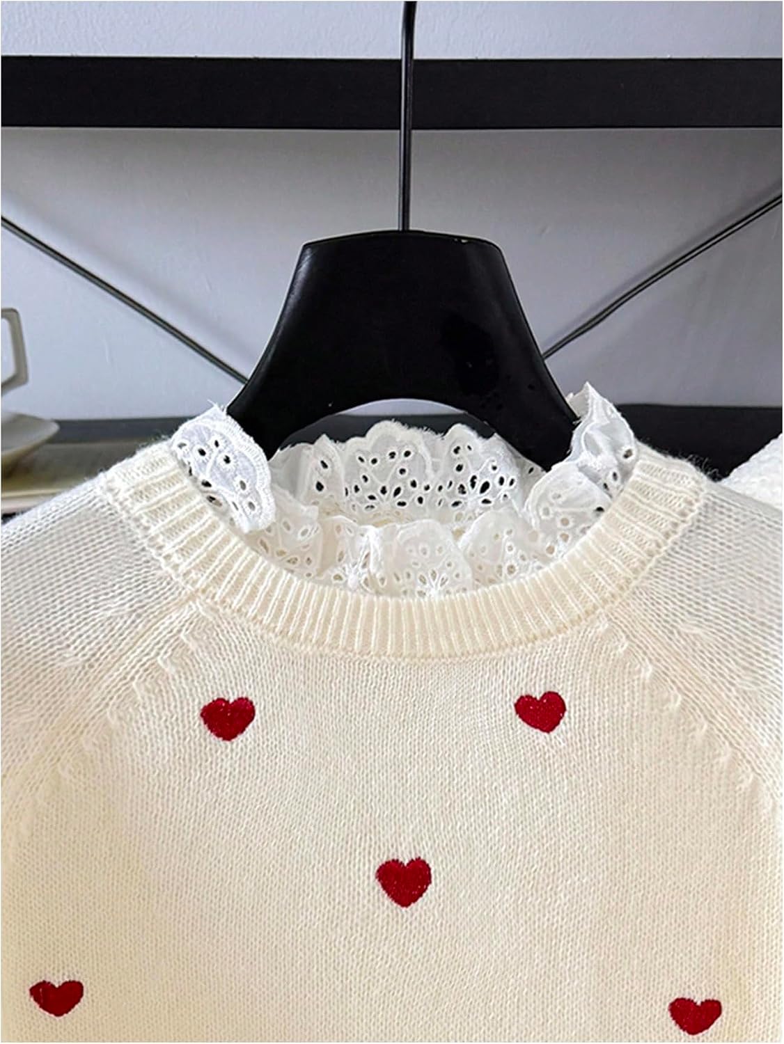 SHENHE Girl's Crewneck Sweater Pullover Heart Embroidered Lace Eyelet Ruffle Knit Sweater